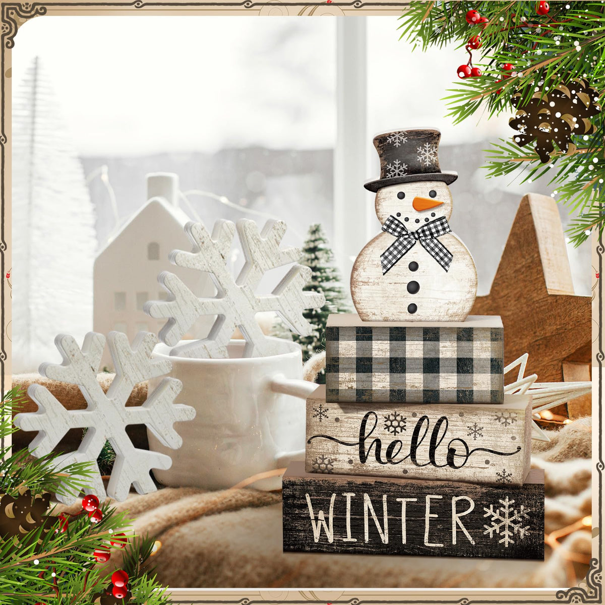 Colingmill 6 Pcs Snowman Christmas Decor Winter Table Decorations Xmas Tiered Tray Decor Wooden Snowman Snowflake Signs Christmas Table Centerpiece for Farmhouse Home Kitchen Shelf Office Decoration