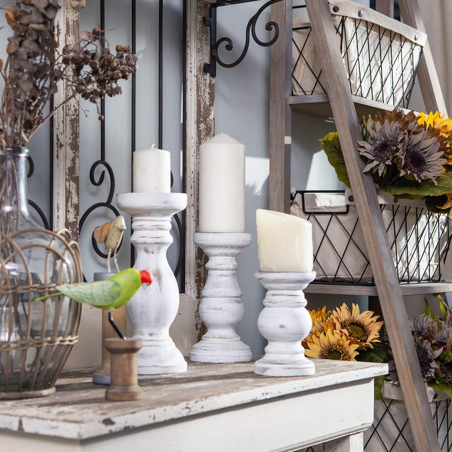 NIKKY HOME Farmhouse Rustic Wood Pillar Candle Holders Set of 3, White