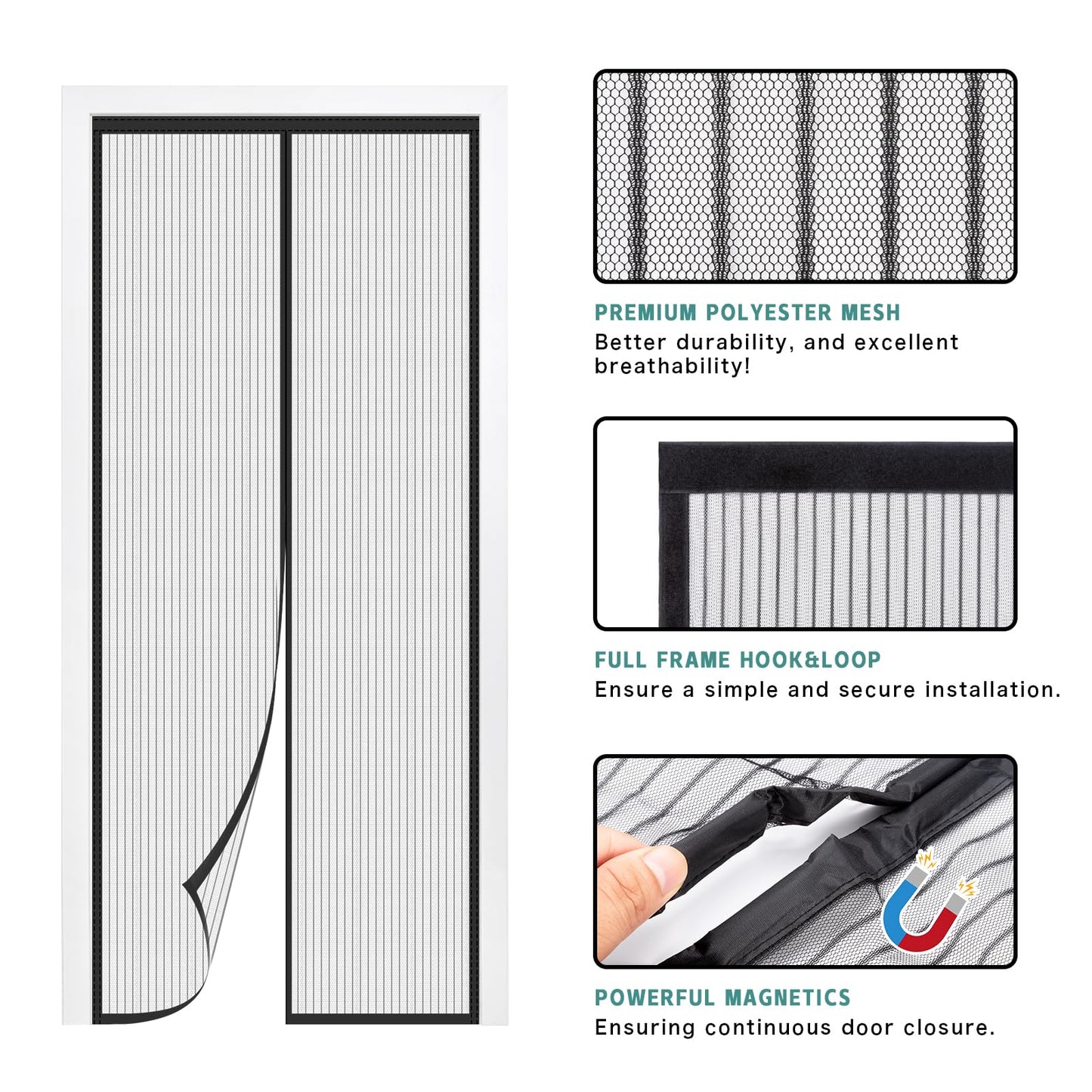 Magnetic Door Screen 90 x 210 cm, SMALUCK Heavy Duty Fly Door Screen Mesh with Powerful Magnets, Durable Mesh Curtains Keeps Bugs Out, Frame Hook & Loop, Kid and Pet Friendly