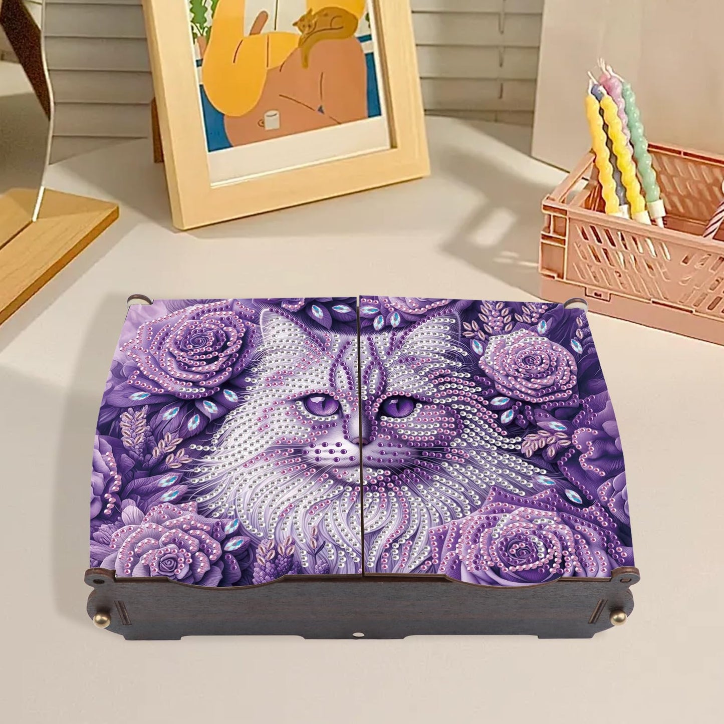 MVVMTOP Diamond Art Painting Kit Wooden Storage Box, cat Pattern DIY Special Shaped Diamond Flip Cover Wooden Money Box, Handmade Art Desktop Decorations Birthday Gifts for Friends