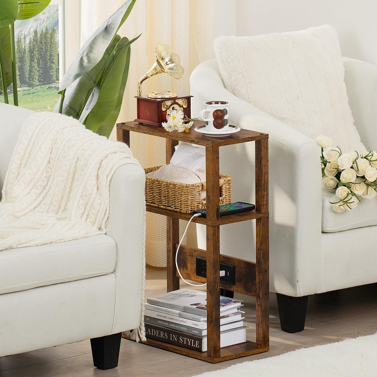 YUFAM 3-Tier Small Narrow Wood Side Table with Charging Station, Skinny Nightstand for Small Space, Slim Bedside Table with Storage for Couch, Thin End Table with USB Ports and Outlets, Rustic Brown