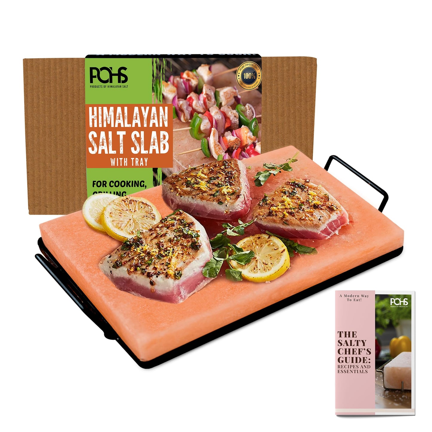 POHS Himalayan Salt Block Cooking Plate 12x8x1.5 for Cooking, Grilling, Cutting and Serving, with Metal Tray & Recipe Booklet Unique Gifts for Men, Women, Chefs & Cooks