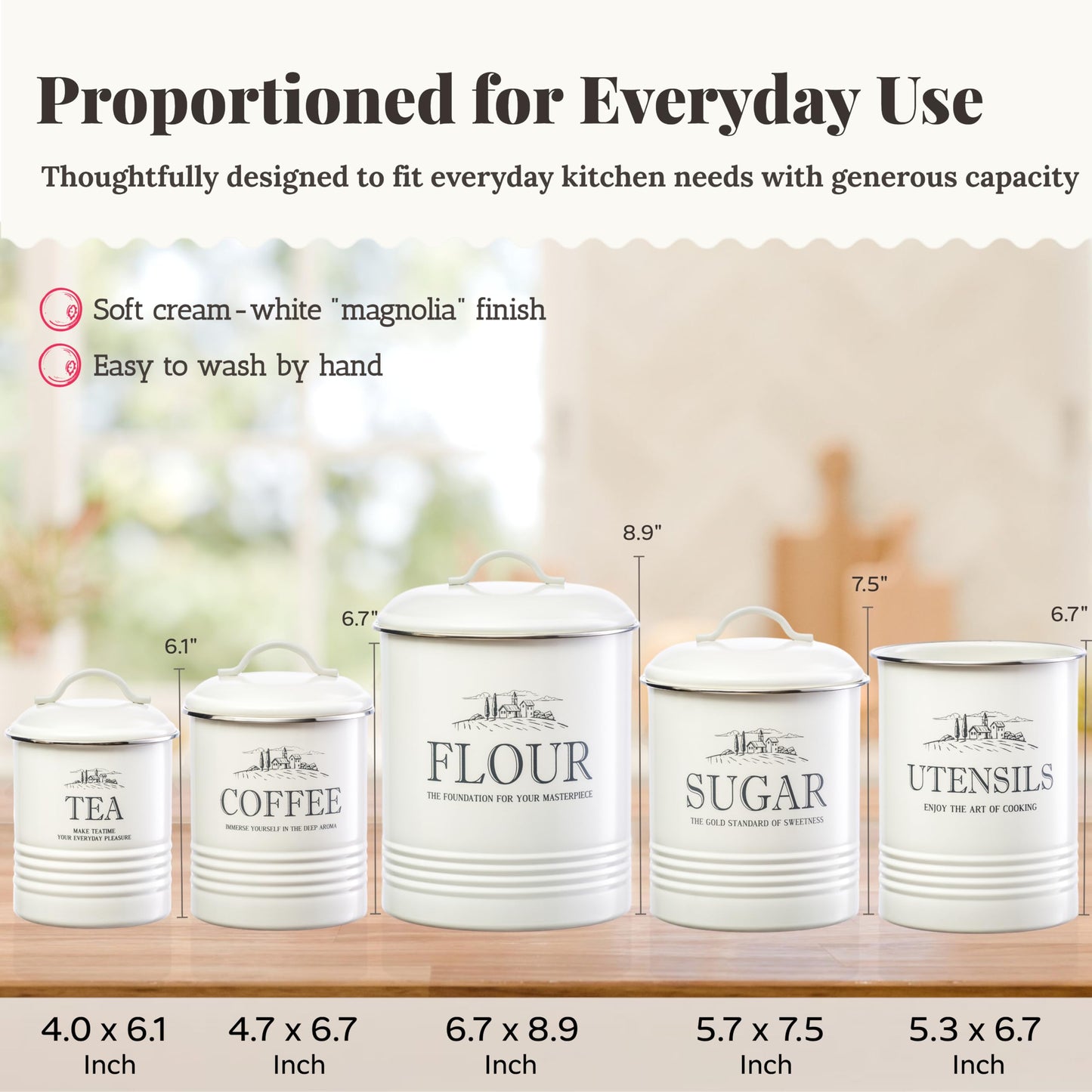 noonberry Kitchen Canisters for Countertop - 5-Piece Airtight Flour Sugar Coffee Tea Kitchen Canister Set with Utensil Holder - Sugar and Flour Containers for Kitchen Counter, Cream-White Finish