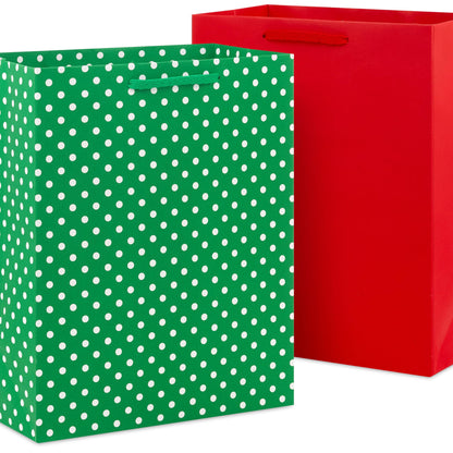 Hallmark Red, Green and White Bulk Gift Bags Assortment (12 Bags: 5 Medium 9", 4 Large 13", 3 Extra Large 15") Stripes, Polka Dots, Solids for Christmas, Birthdays, Holidays