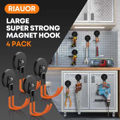 Heavy Duty Magnetic Hooks, Magnetic Utility Hooks for Garden Tools, Toolbox, Shovel, Broom, Extension Cord, Extra Large Magnet Hooks for Indoor Outdoor Hanging(4 Pcs 3.5in)