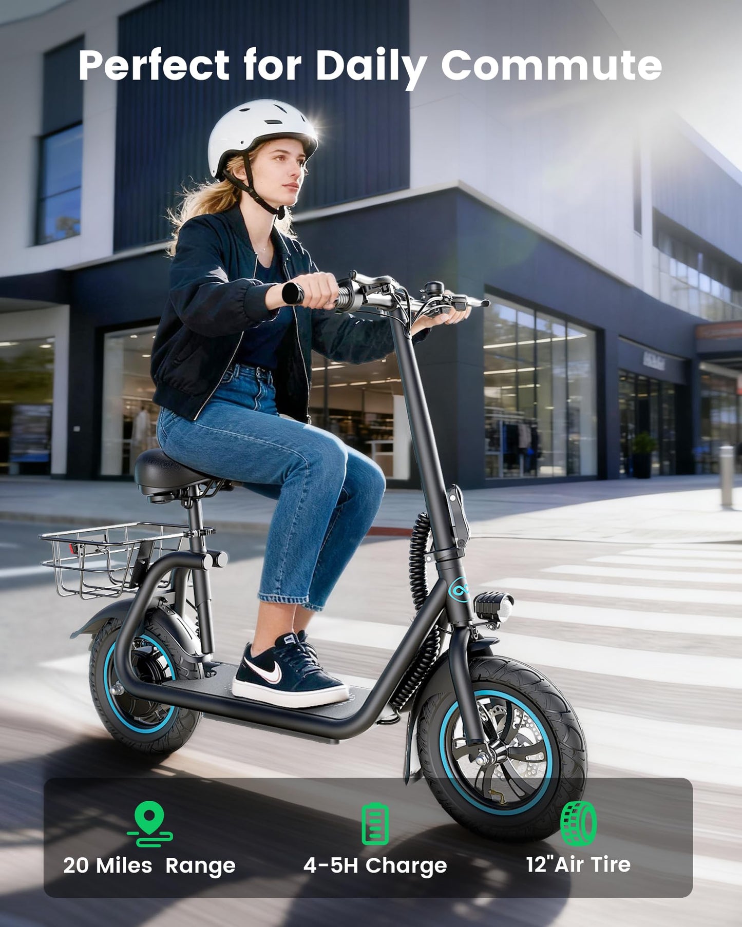 AWWSCOOTER C1 Electric Scooter with Seat for Adults, 450W Motor, 20-Mile Range, 16MPH, Foldable Commuter E-Scooter with Basket for Grocery, Pets, and Daily Commute– Matte Black