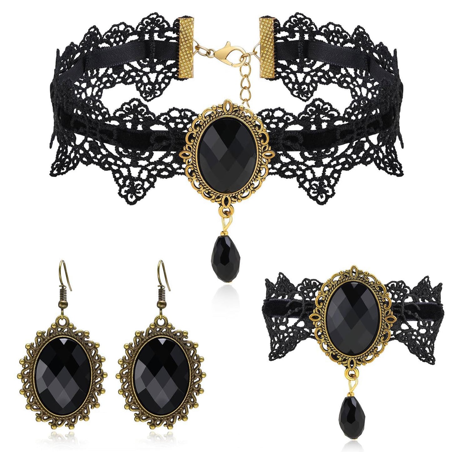 Gothic Choker Necklace Halloween Jewelry Set for Women, Red/Black Choker Goth Lace Witch Costume Jewelry, Witchy Vampire Masquerade Steampunk Victorian Lolita Renaissance Costume Accessories for Woman