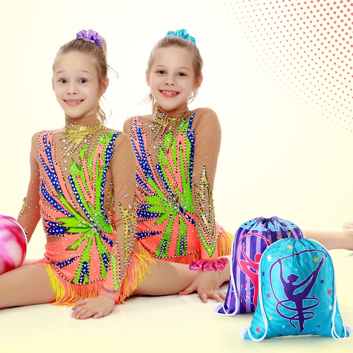 Abbylike 49 Pcs Gymnastics Party Favor Set 12 Makeup Bag 12 Bracelet 12 Drawstring Backpack 12 Hair Ties 1 Set Gymnastic Stickers for Women Girl Gym Sport Yoga