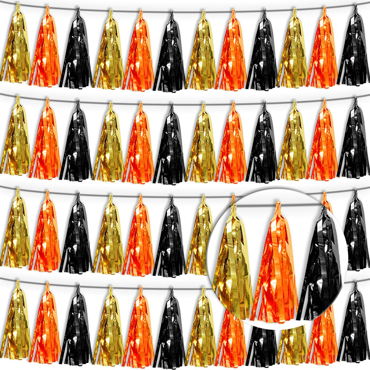 4P Orange Gold Black Tassel Banner Garland Metallic Foil Fringe Banner Tinsel Tassels Streamer Banner Backdrop for Parade Floats, Graduation Decorations, Halloween, Christmas Decorations