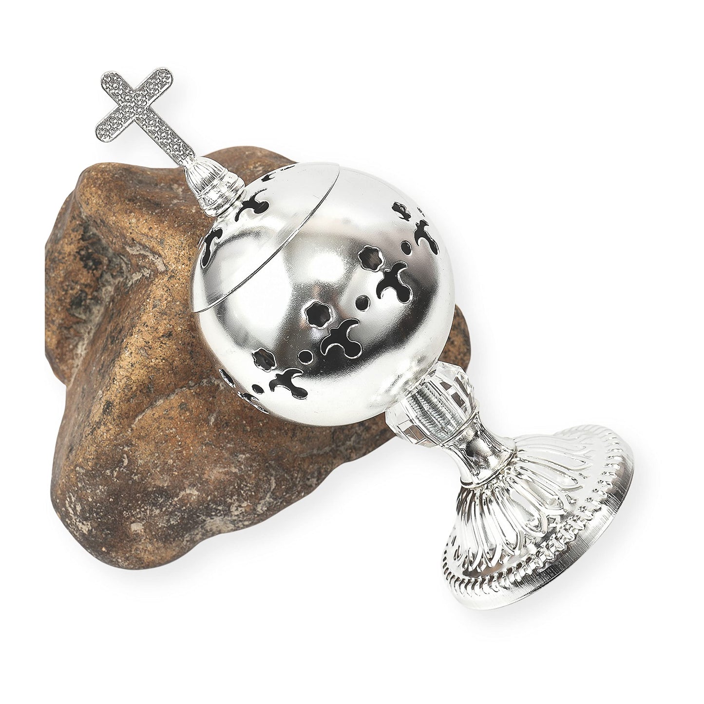 Nazareth Store Silver Charcoal Incense Burner Catholic Cross Censer Brass Plated Distiller for Church and Home