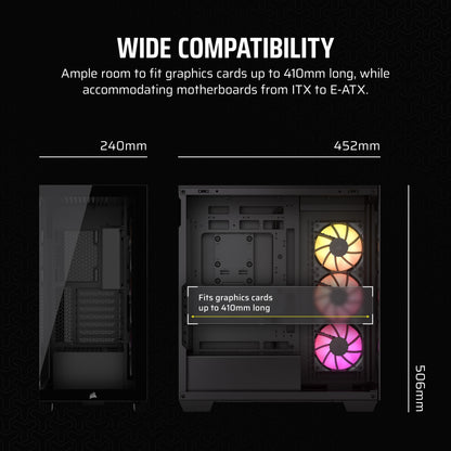 CORSAIR 3500X ARGB Mid-Tower ATX PC Case – Panoramic Tempered Glass – Reverse Connection Motherboard Compatible – 3x CORSAIR RS120 ARGB Fans Included – Black