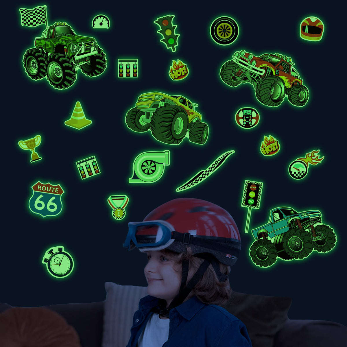 Glow in The Dark Racing Car Wall Stickers, Truck Kids Bedrooms Wall Decals, Racing Theme Big Foot Truck Ceiling Decor, Nursery Classroom Playroom Home Decor Gifts