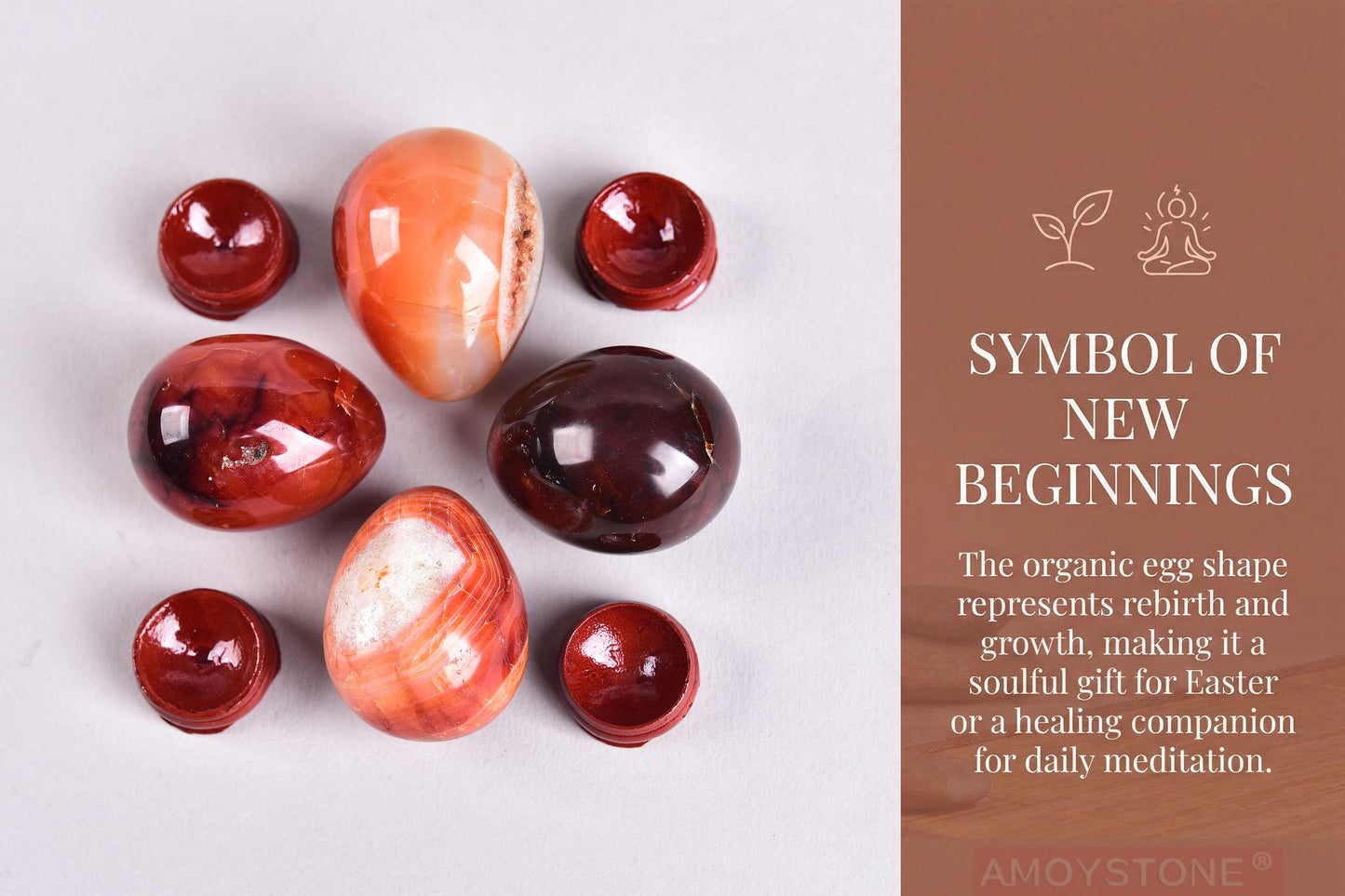 AMOYSTONE Red Agate Eggs Set of 4 (Polished Banded Agate) - Natural Gemstone Specimens with Wooden Base for Display & Collection (1.5-2 Inch, 2.8 oz)
