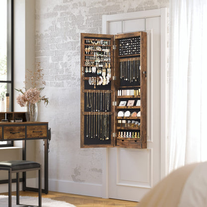 SONGMICS 6 LEDs Mirror Jewelry Cabinet, 47.2-Inch Tall Lockable Wall or Door Mounted Jewelry Armoire Organizer with Mirror, 2 Drawers, 3.9 x 14.6 x 47.2 Inches, Rustic Brown UJJC93CB