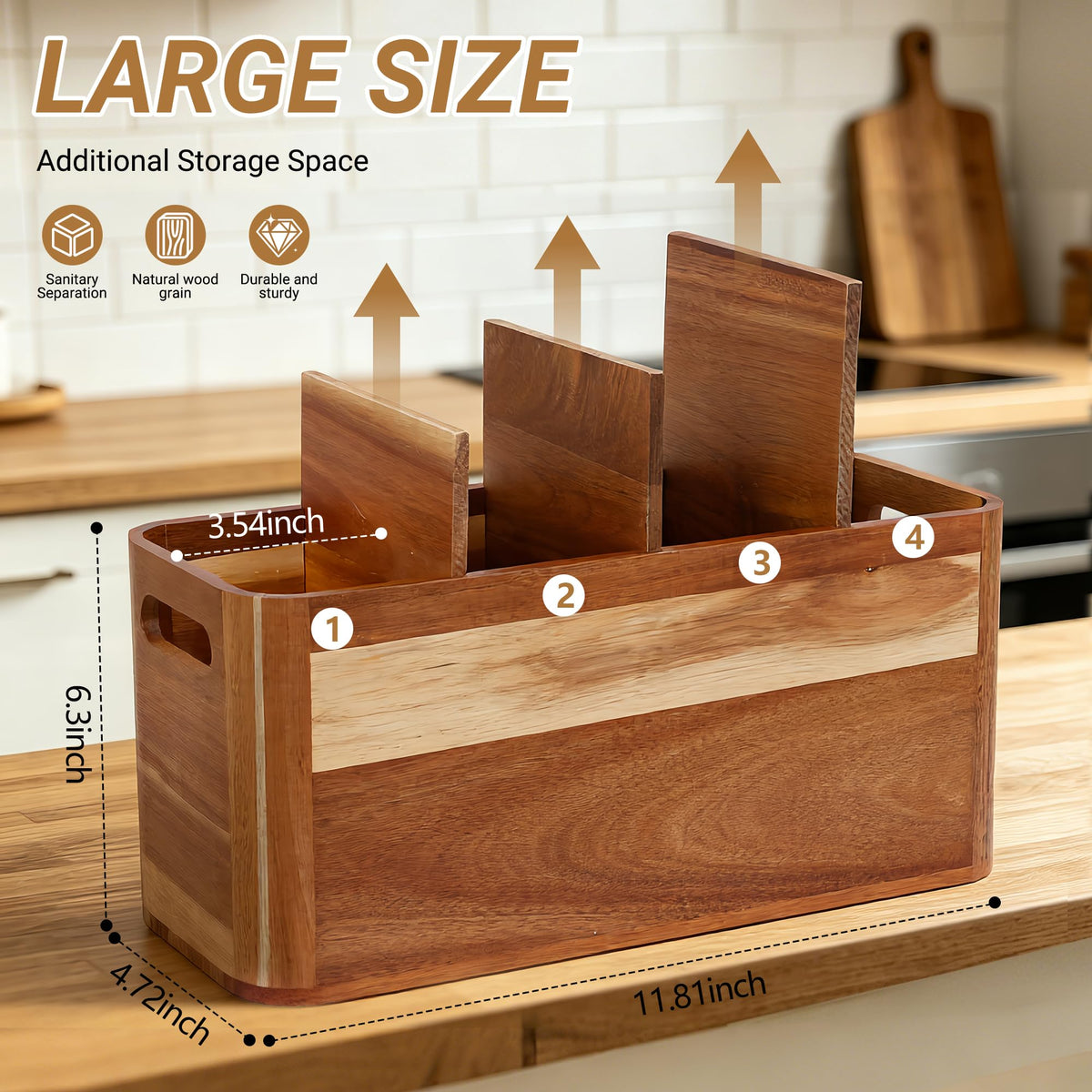 2PC Wooden Kitchen Utensil Holder for Countertop - Wall-mountable Large 4+3 Compartment Acacia Wood Organizer, Rustic Minimalist Utensil Crock for Cooking Tools and Flatware Storage