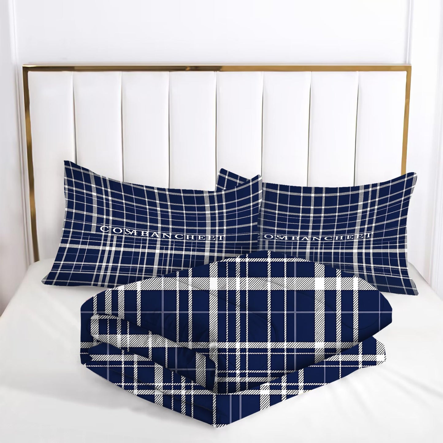 VTKON Navy Blue Plaid Comforter Set for Boys Queen Size, Classic Preppy Check Bedding Set for Boys Teens, Timeless Navy and White Bed Sets for Dorm with 2 Pillowcases
