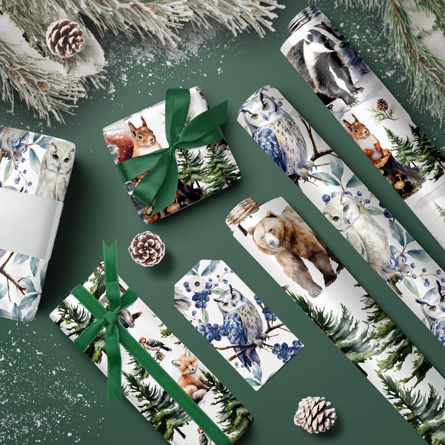 WRAPAHOLIC Kraft Christmas Wrapping Paper Roll - Mini Roll - 3 Rolls - 17 Inch x 120 Inch Per Roll - White Wild Animals Winterfall Watercolor Holiday Collection