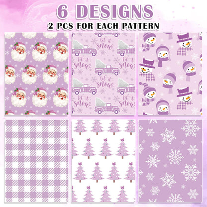 Whaline 12 Sheets Christmas Wrapping Paper - Not Roll - Purple Santa Tree Snowman Snowflake Gift Wrap Paper Folded Flat for DIY Crafts Xmas Winter Holiday Party, 19.7 x 27.6 Inch