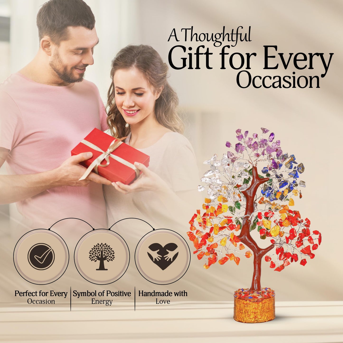 Crystal Chakra Tree for Reiki Healing - Premium Meditation Decor - Seven Chakra Tree Wrapped On Silver Wires - Feng Shui Bonsai Money Tree of Life Decor Home Office Crystal Gifts