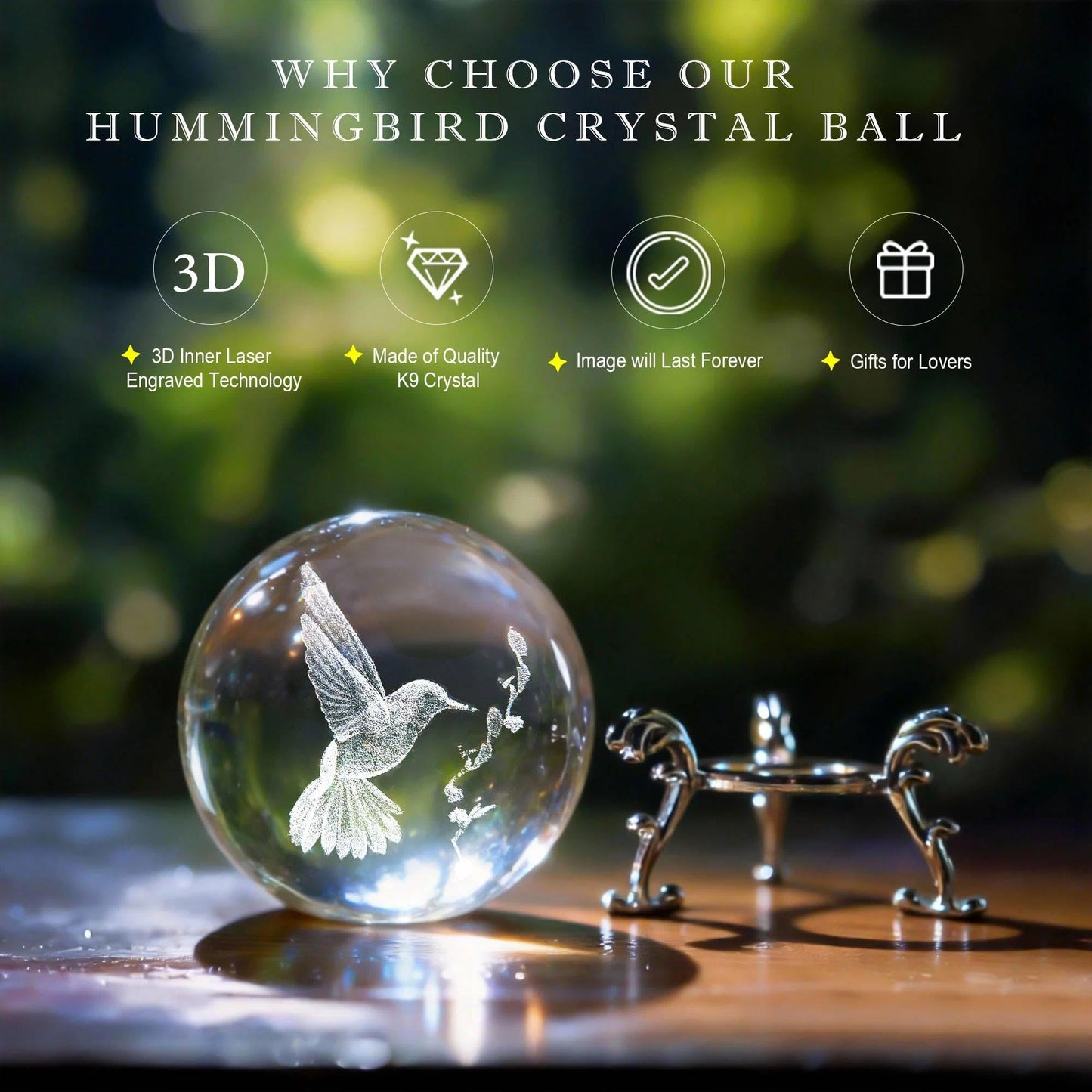 HDCRYSTALGIFTS 3D Laser Engraved Bird Crystal Ball with Stand Paperweight Gift for Women Mom 60mm Crystal Bird Figurine Glass Animal Decorative Ball for Home Room Office Decoration