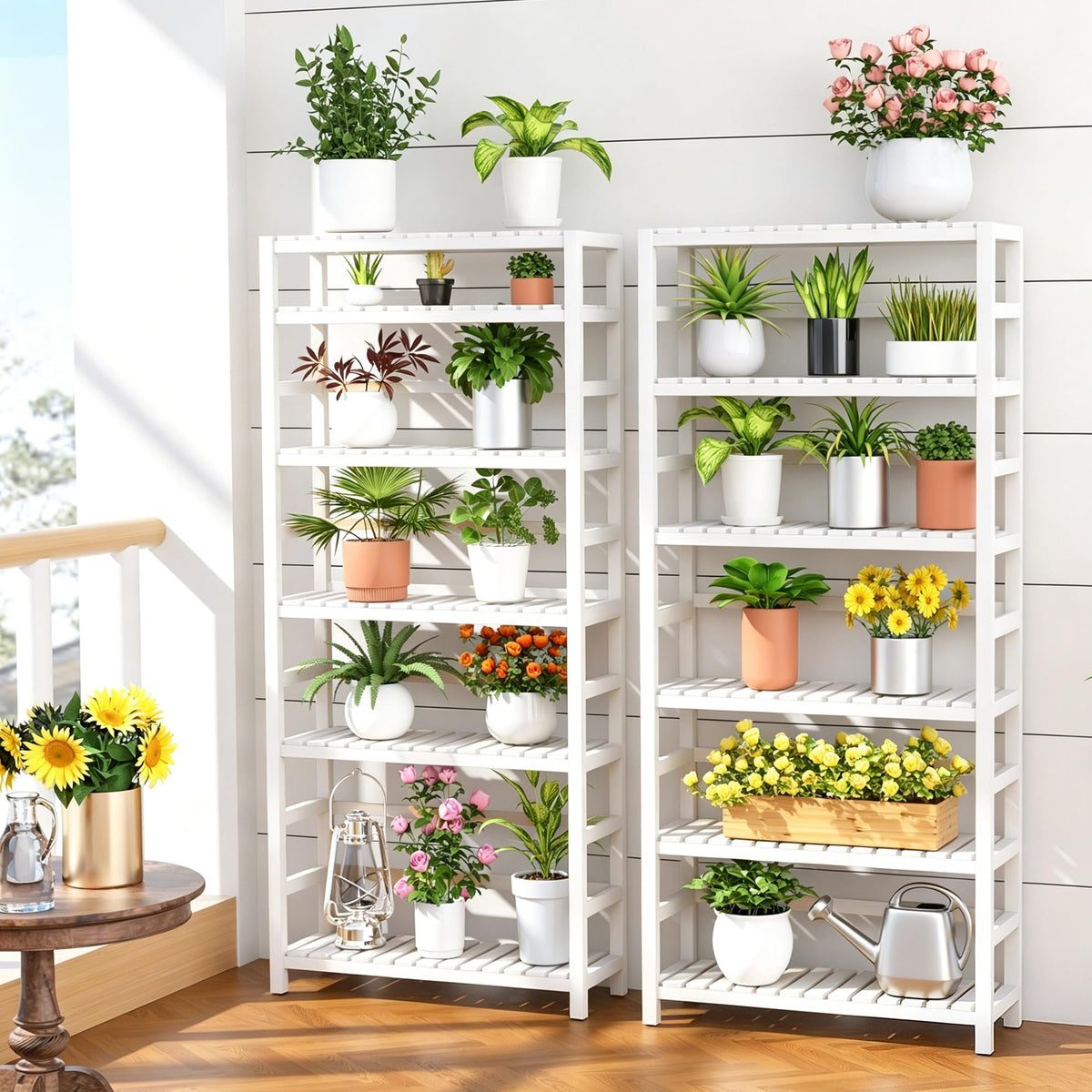 VASMIA 6-Tier Bamboo Shelf,Bamboo Storage Shelving Unit,Tall Bookcase with Adjustable Shelves,Multipurpose Storage Display Shelf for Bathroom, Living Room, Balcony, Kitchen,White