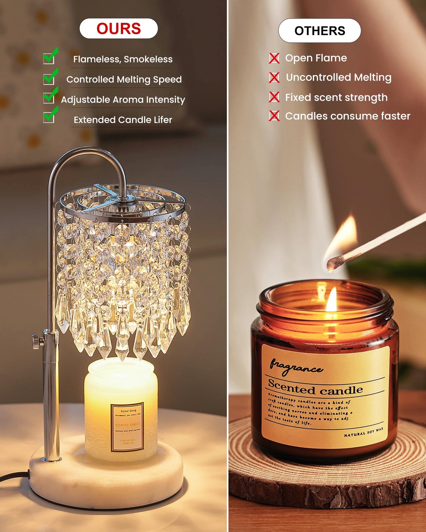 Candle Warmer Lamp with Timer Dimmer and 3 Bulbs, Candle Lamp Warmer with Marble Base for Adjustable Height, Crystal Candle Lamp for Jar Candles, House Warming Gifts Home Room Decor, Silver
