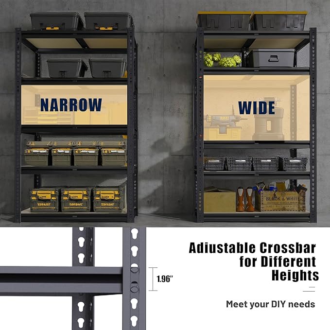 Garage Shelving, 2400 LBS Metal Storage Shelves, 12" x 28'' x 60'' Heavy Duty Shelf, Adjustable Shelving Rack, Standing Shelf Units, Shelves for Garage Storage