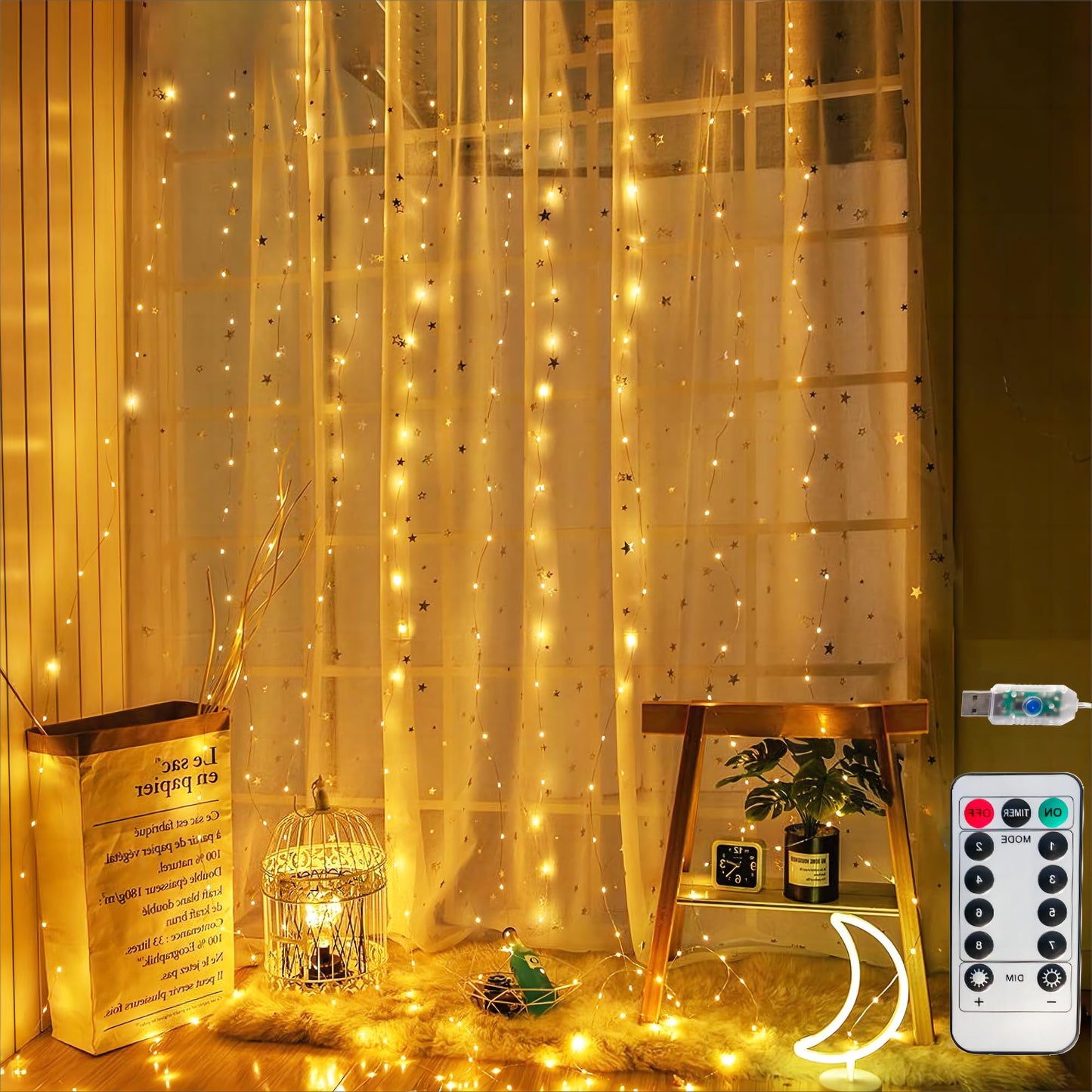 Honche 300Led Fairy Curtain String Lights 10x10ft with Remote Window Lights for Bedroom Wedding Party Festive Season Propose Christmas Decoration(Warm White)