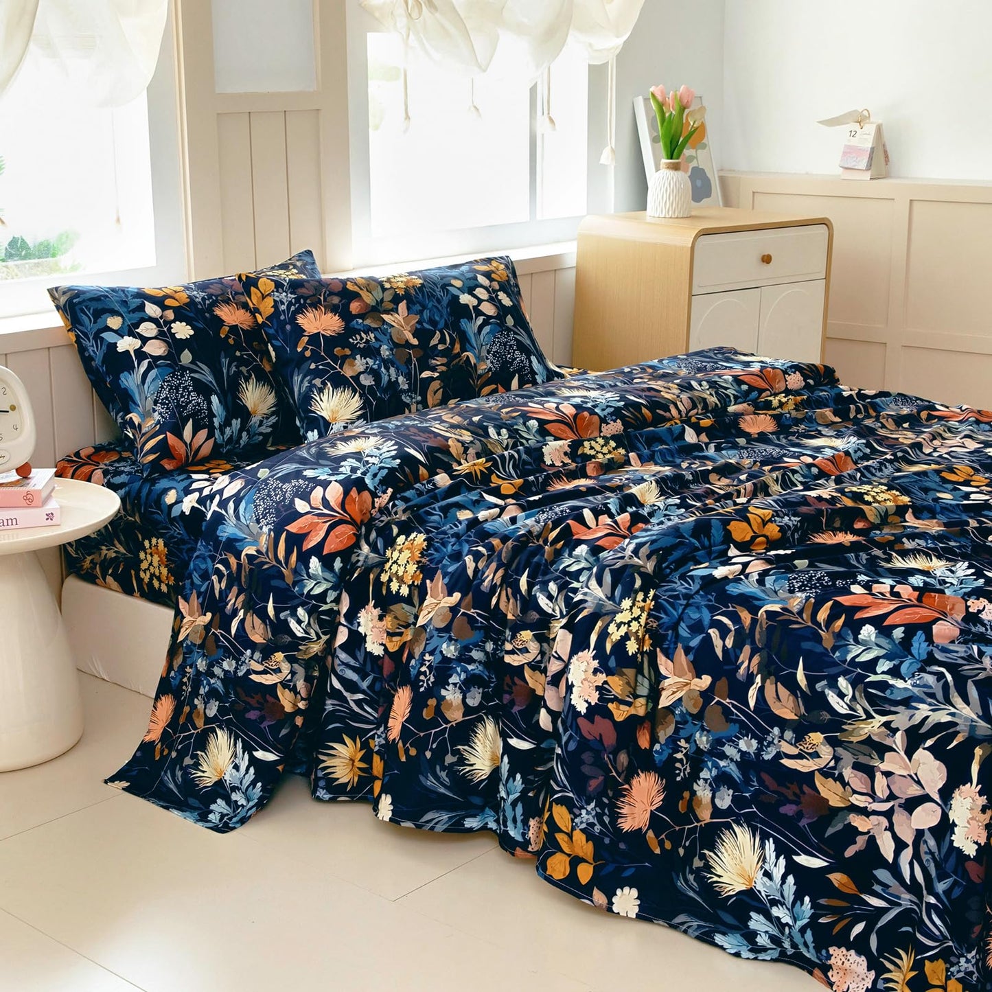 MICORAL Boho Floral Queen Sheet Set, 4-Piece Printed Botanical Bed Sheets, 16" Deep Pocket, Ultra Soft & Cooling Sheet, Oeko-TEX Certified, Midnight Blooms