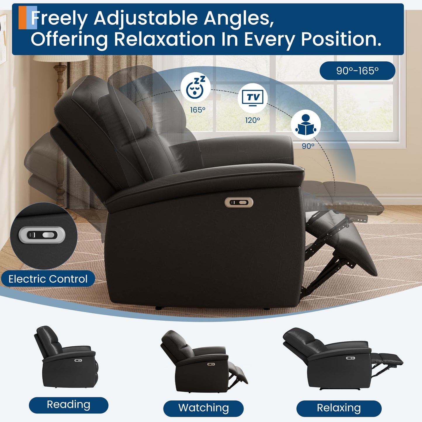 Leather Recliner Chair for Adults Power Recliner with USB Charging Ports Electric Reclining Sofa for Living Room Home Theater Seating Bedroom (Midnight Black)