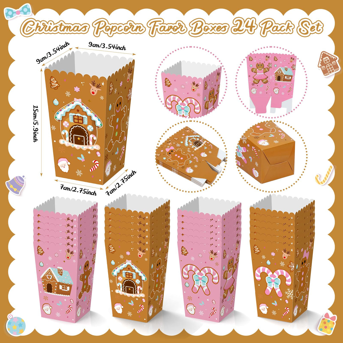 K KUMEED 24 PCS Christmas Popcorn Favor Boxes,Pink and Brown Gingerbread Man Christmas Party Supplies Cute Candy House Popcorn Bowls Popcorn Buckets Popcorn Bags Candy Cookie Container for Kids