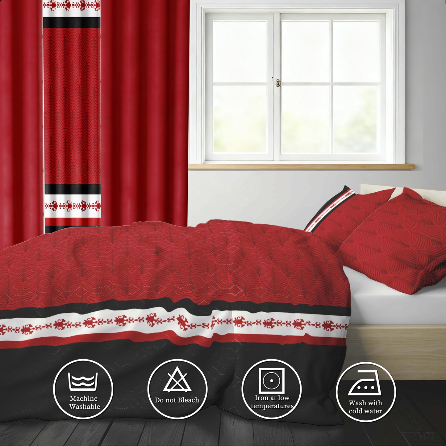 Deepsleep Queen Bedspread Set 9 Pieces, All Season Luxury Bed in a Bag for Bedroom, with 2 Pillowcases and 6 Curtains, Microfiber for Complete Bedroom Decor, Black and Red Stripes