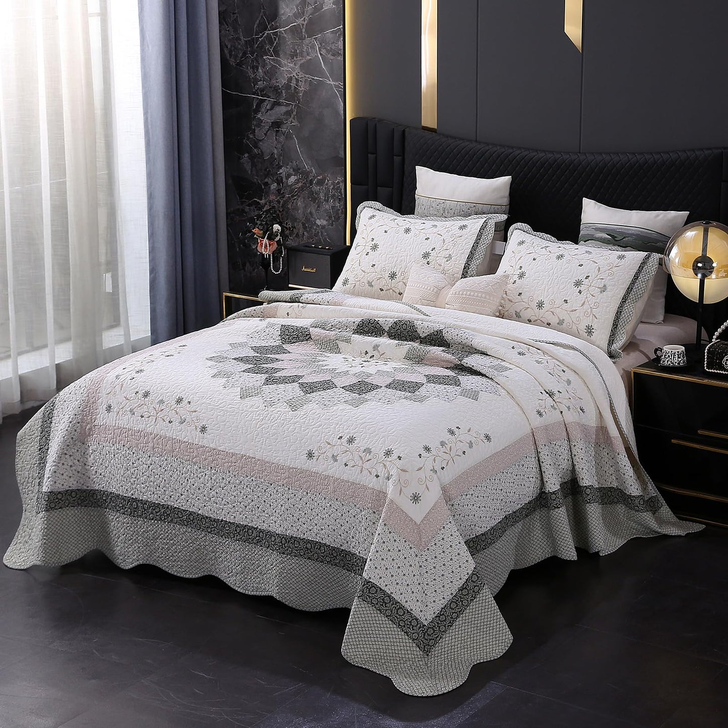ROOMLIFE Quilt Set Queen Size 3D Floral Embroidery Pattern 3-Piece Cotton Reversible Quilted Embroidered Decorative Bedspreads Coverlet Bedding Set, Lightweight &Soft, All Season(90" X 94") Black