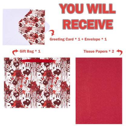 WRAPAHOLIC Bloody Halloween Large Gift Bags with Tissue Paper and Card - 10 x 5 x 13 inch - Spooky Blood Splatter and Handprint Halloween Paper Bags for Holiday, Party Gift Wrap (Pack of 2)