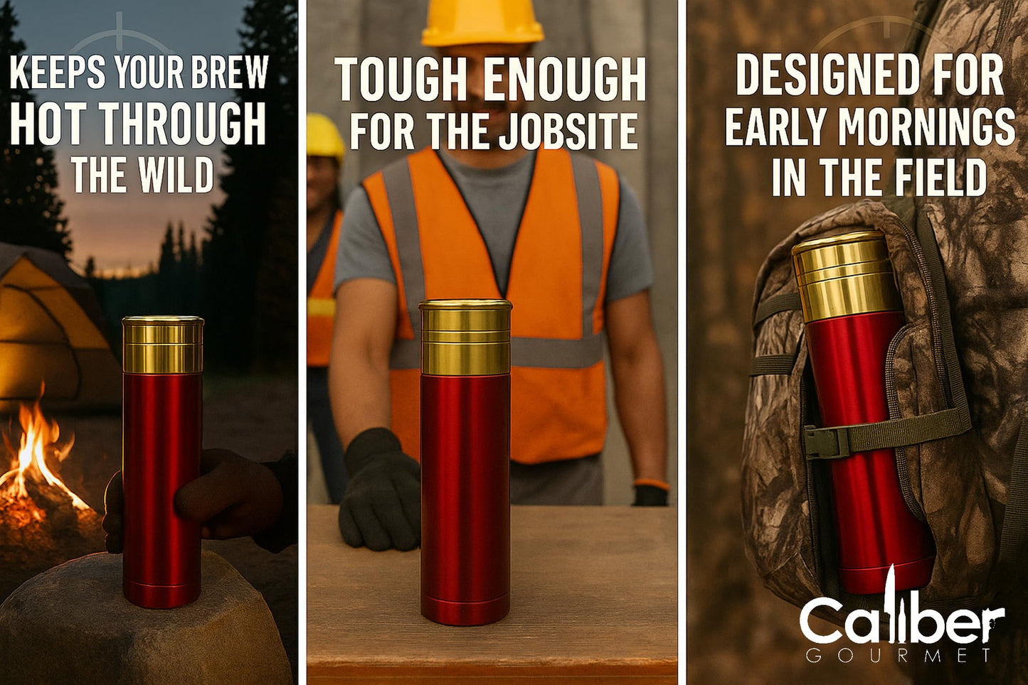 Caliber Gourmet 12 Guage Shotgun Shell Thermos Bottle 32 Ounces, Vacuum Insulated Stainless Steel Bullet Thermos – Novelty Hunting Thermos Gift for Christmas – Great for Camping Gear, Bold Red
