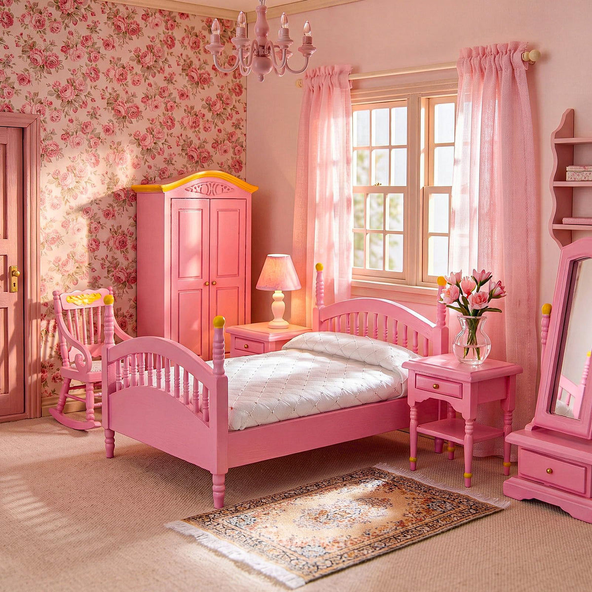 Skylety 7 Pcs Wooden Dollhouse Furniture Set 1: 12 Scale Victorian Dollhouse Bedroom Furniture, Bed Dressing Table Wardrobe Carpet for Adults Toys Miniature Doll House Accessories(Pink,Bright)