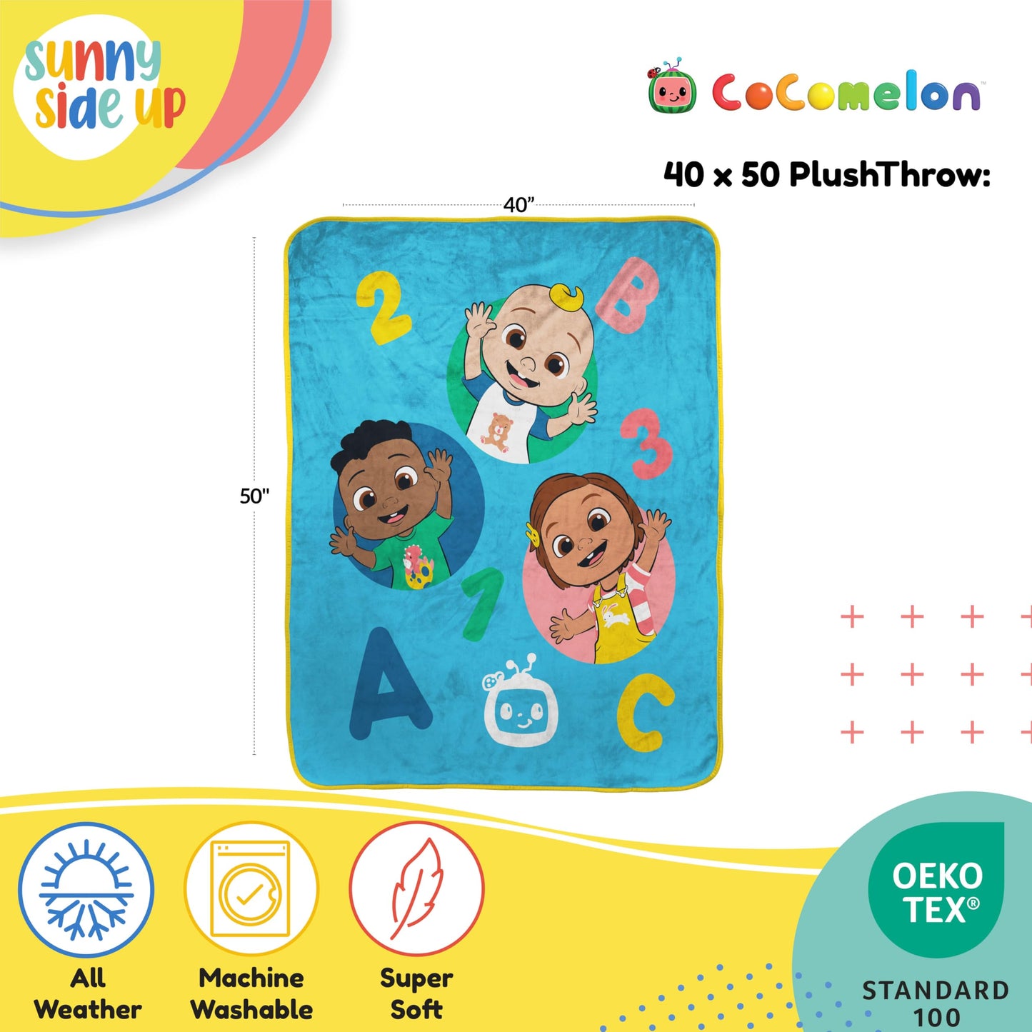 Sunny Side Up CoComelon Toddler Blanket 40x50 Inches Plush Throw for Kids Travel, Soft Microfiber Fleece, Machine Washable, Breathable, Lightweight for Daycare Nap Sofa Camping