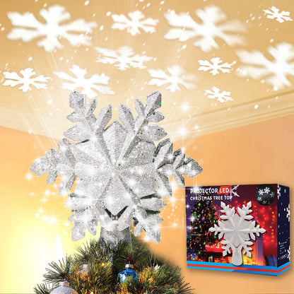 Christmas Tree Topper Lighted with White Snowflake Projector, LED Rotating Snowflake, 3D Glitter Lighted Sliver Snow Tree Topper for Christmas Tree Decorations