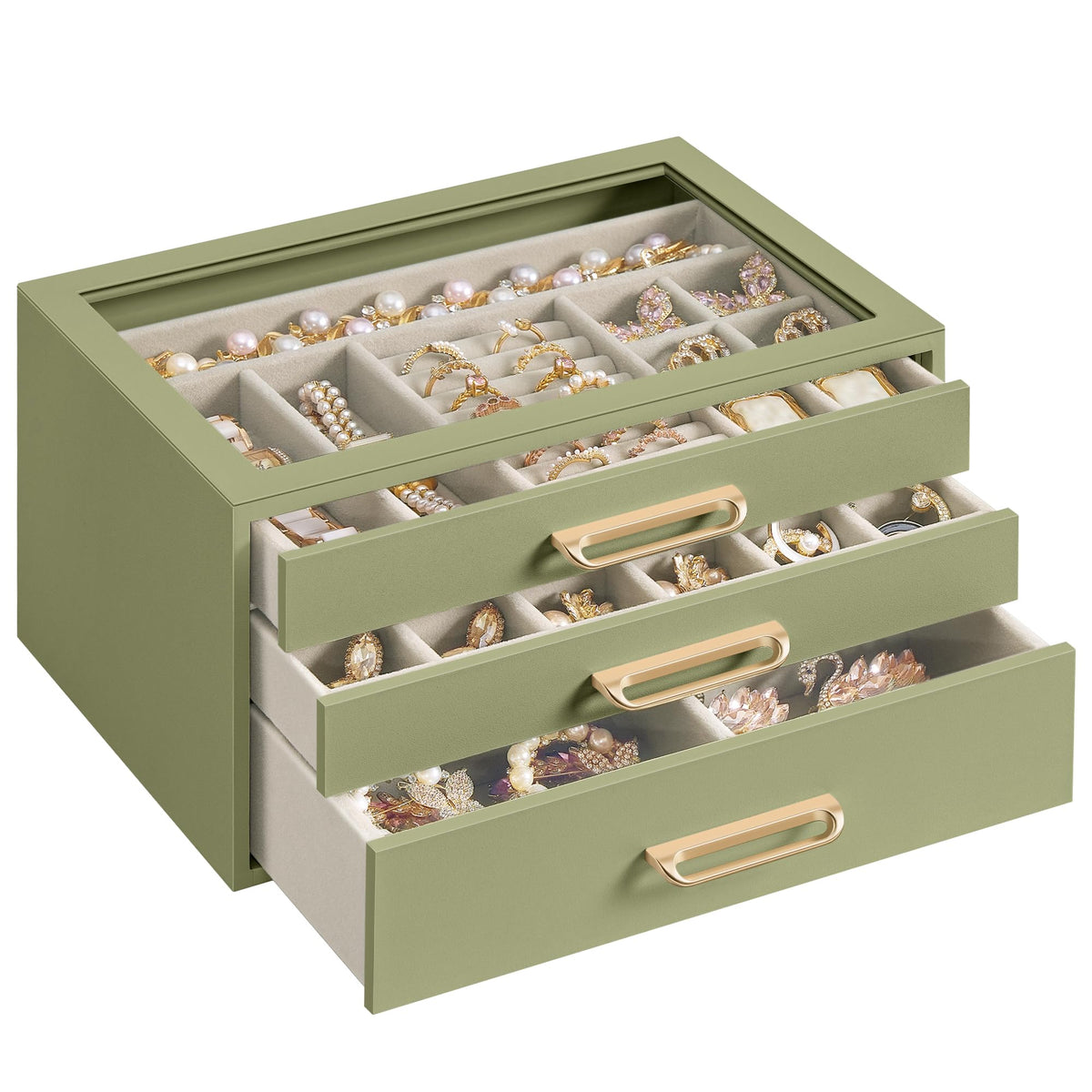 SONGMICS 3-Layer Jewelry Box with Glass Window, Jewelry Storage Organizer with 3 Drawers, Golden Handles, for Rings, Earrings, Bracelets, Gift Idea, Sage Green, 6.3 x 9.4 x 4.9 Inches UJBC206CE01S