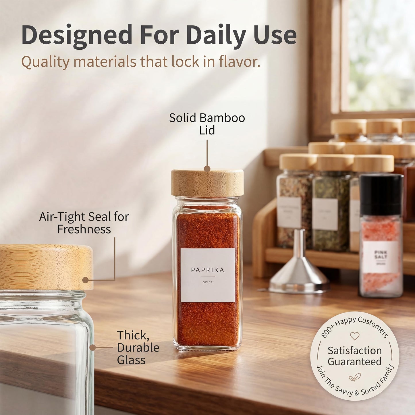 SAVVY & SORTED Glass Spice Jars with Label, 24PK Bamboo Jar Spices Set 4oz, 374 Spice Labels, Pepper Grinder, Empty Herb Seasoning Containers, Funnel and Shaker Lids
