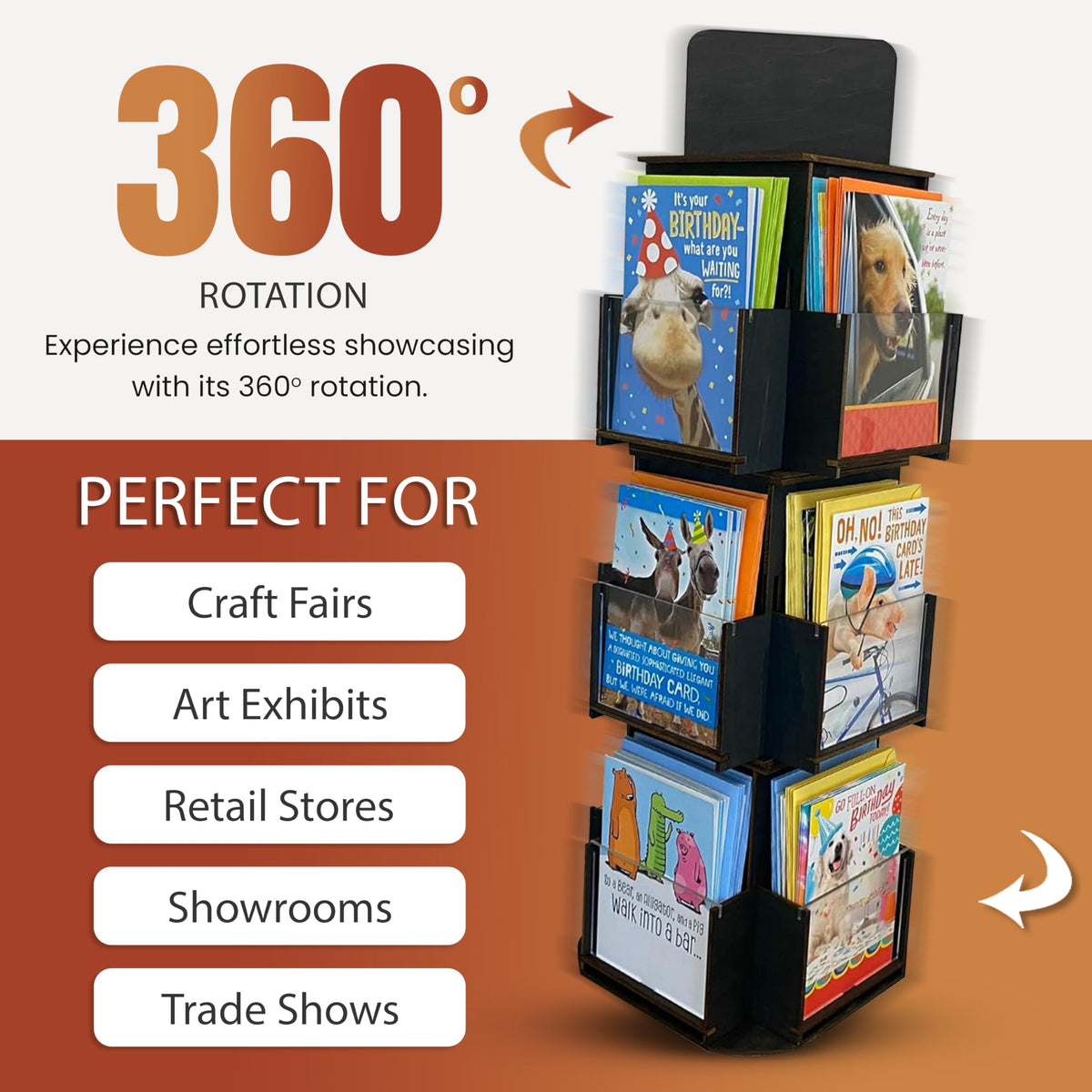 Rotating Greeting Card Display Stand, 3 Tier Wooden Organizer, 4-Sided Display Rack 360 Degree Spinning Multi-Pocket Display for Coasters, Stickers, Retail, Showcase, Tradeshow (Ebony)