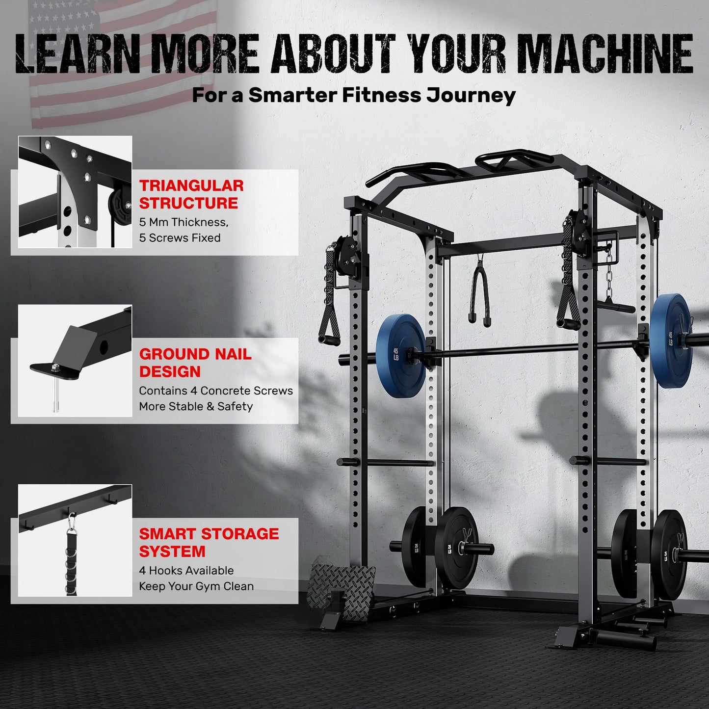 GOIMU DP01 Power Cage, 2000LBS Squat Rack with Cable Crossover and Dual Independent Pulley System, Full Cage for Full Body Training, Power Rack with More Training Attachments for Home Gym(Black)