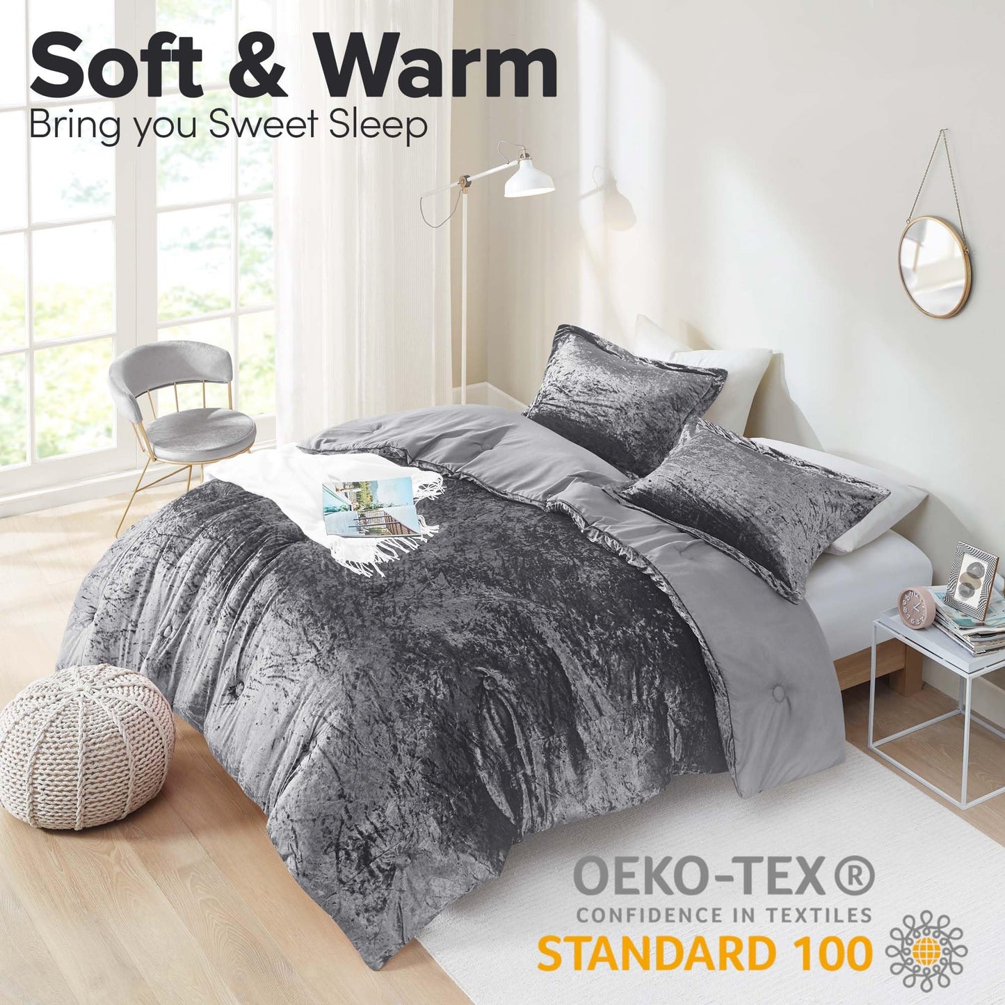 Comfort Spaces Juliette Luxe Comforter Set Velvet Lush with Soft Brushed Microfiber Reverse, All Season Cozy Velvet Bedding Sets, Fluffy Comforter Bed Set, Matching Sham, Grey Full/Queen 3 Piece