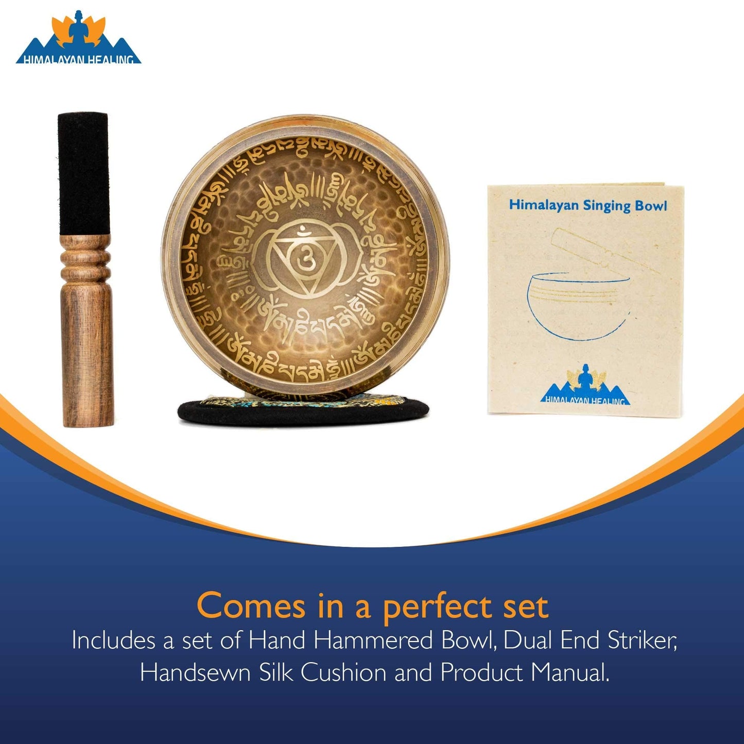 Tibetan Singing Bowl Set with Holy Buddhist Mantra and Sacred Third Eye Symbol from Nepal~ Antique design suitable for Yoga, Meditation, Sound Healing & Chakra Balancing~