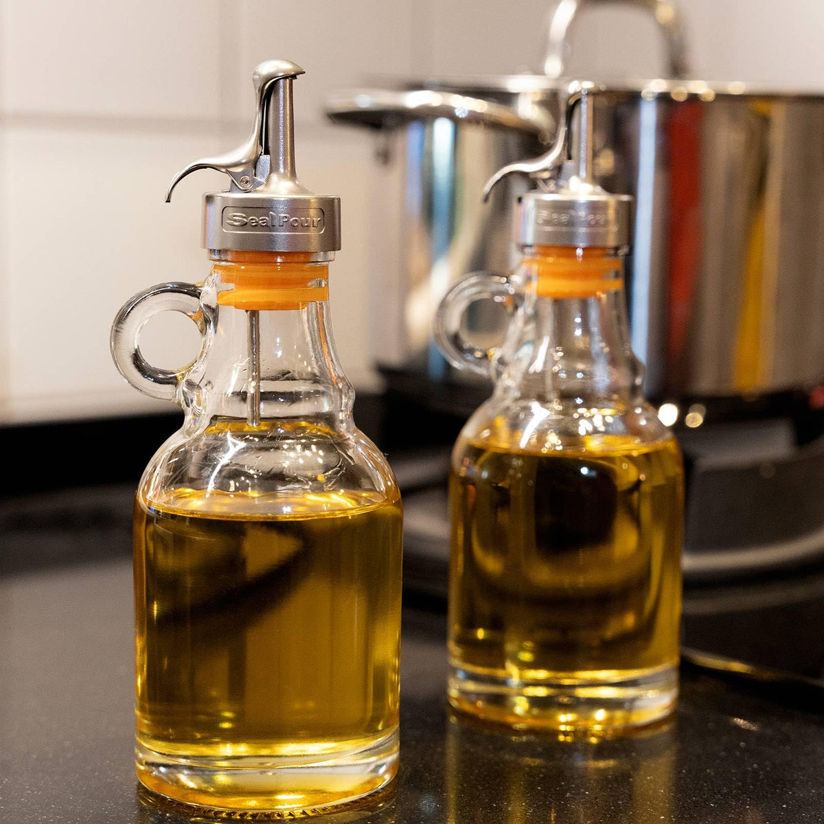 Olive Oil Dispenser Bottle,Glass Oil Dispenser with Stainless Steel Spouts,Oil Bottles for Kitchen, Oil Dispenser Bottle with Drip Free Spouts (2pcs) 12 oz