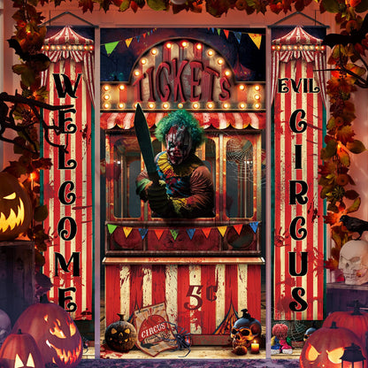 WovWeave 3 Pcs Halloween Creepy Carnival Decorations Include 2 Evil Circus Porch Banner and Scary Ticket Booth Circus Theme Door Cover for Halloween Backdrop Hanging Theme Party Outdoor Decorations