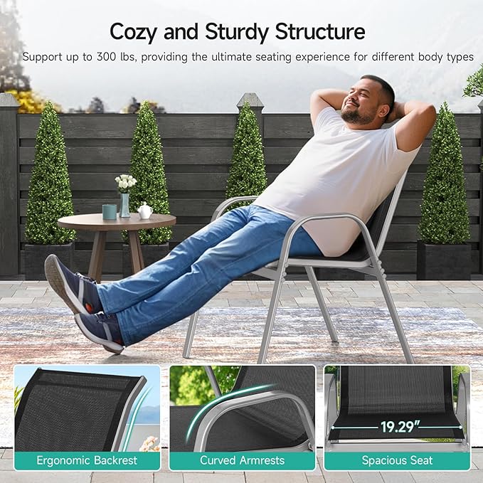 Patio Chairs Set of 2, Easily Set Up Stackable Outdoor Dining Chairs with High Back and Wide Seat, All Weather Breathable Outdoor Chairs Set of 2 with Metal Frame for Backyard Deck Pool, Black