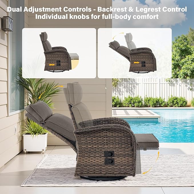 Swivel Outdoor Recliner Chair Set of 2 - Reclining Patio Chair with Adjustable Backrest and Footrest, All-Weather Wicker Chaise Lounge Chair Outdoor for Pool Deck (Upgraded 2.0)