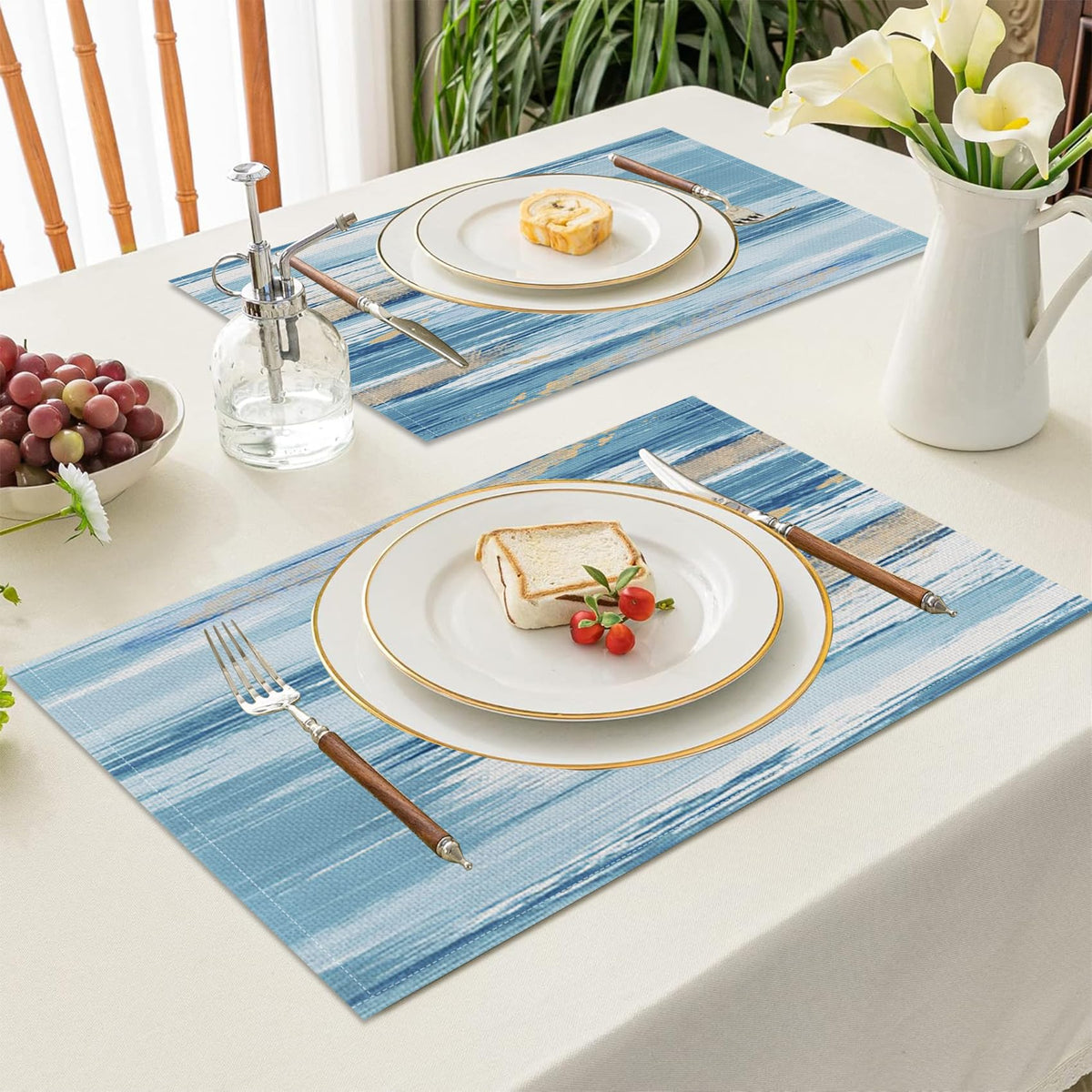 AOFOTO Abstract Placemats Set of 4 for Dining Table Blue Boho Ombre Grunge Rustic Wooden Place Mats Washable Rectangular Art Painted Table Mats for Home Kitchen Restaurant Decor 12x18 Inch