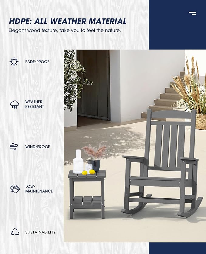 KINGYES HDPE Outdoor Rocking Chair, Widened Seat Patio Rocking Chair, Oversized All Weather Patio Rocker, Gray